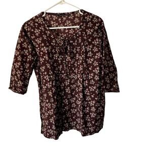 So-En Tunic Blouse Medium Floral Print 3/4 Sleeve Boho Top Japanese Peasant